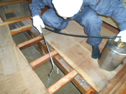 京都の孤立死現場。床下の木材に染み込んだ臭いを専用機器で徹底消臭。構造材レベルの施工も対応可能です。