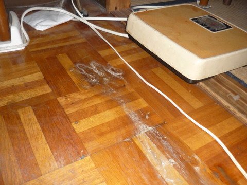 大阪の孤立死現場。腐敗が進み、床に腕と手の痕跡がそのまま残された状況。特殊清掃により丁寧な対応が求められます。